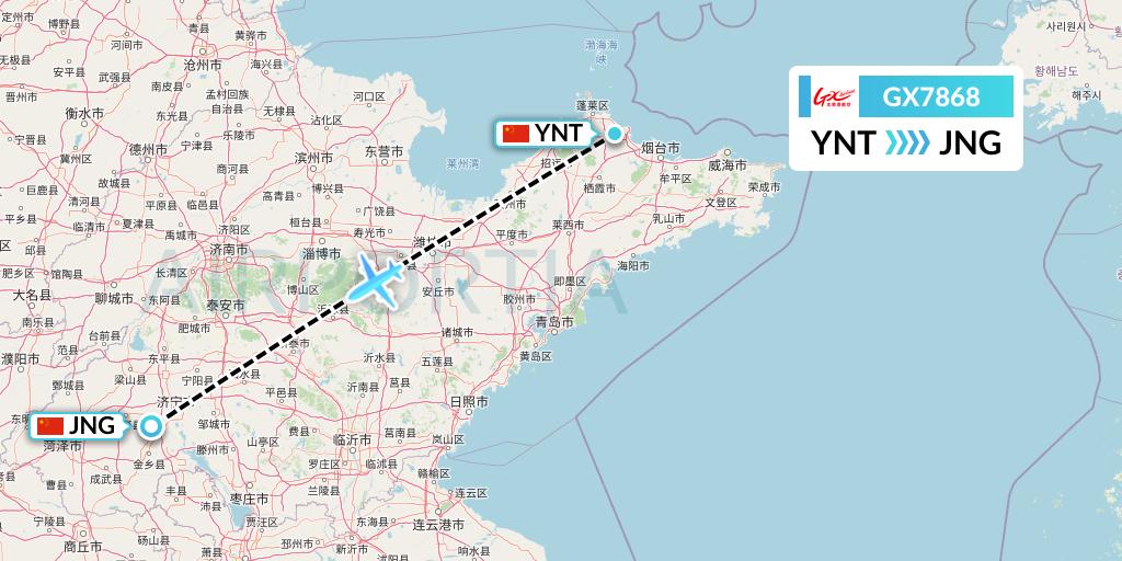 GX7868 GX Airlines Flight Map: Yantai to Jining