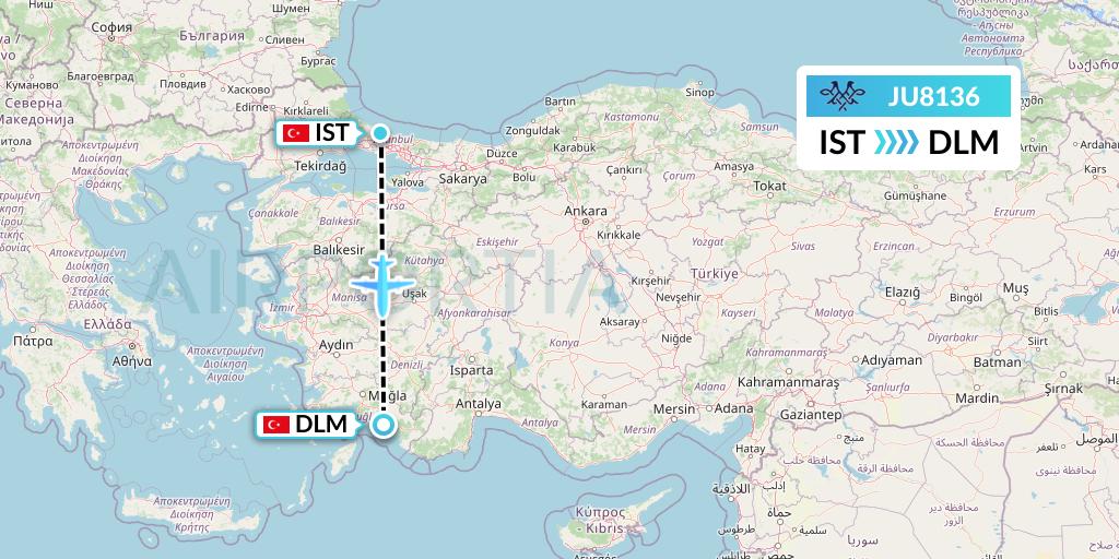 JU8136 AirSERBIA Flight Map: Istanbul to Dalaman