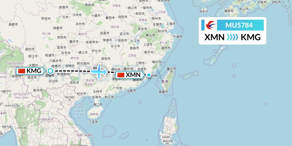 MU5784 China Eastern Airlines Flight Map: Xiamen to Kunming