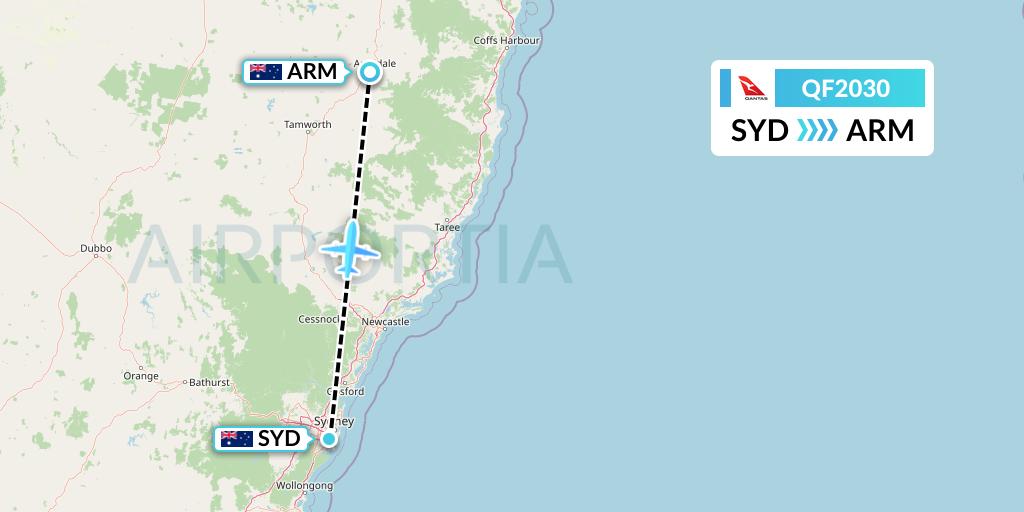 QF2030 Qantas Flight Map: Sydney to Armidale