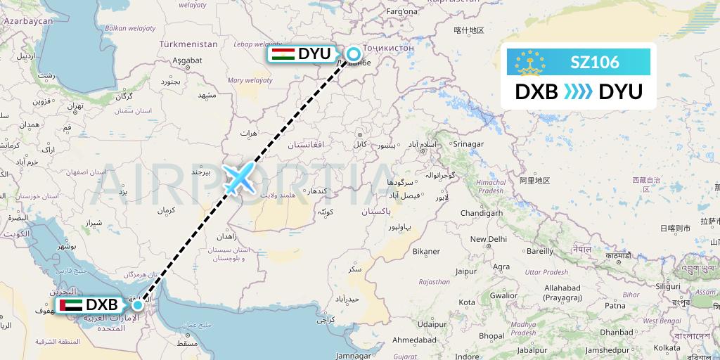SZ106 Somon Air Flight Map: Dubai to Dushanbe