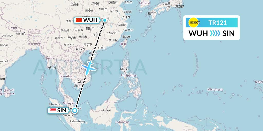 TR121 Tigerair Flight Map: Wuhan to Singapore
