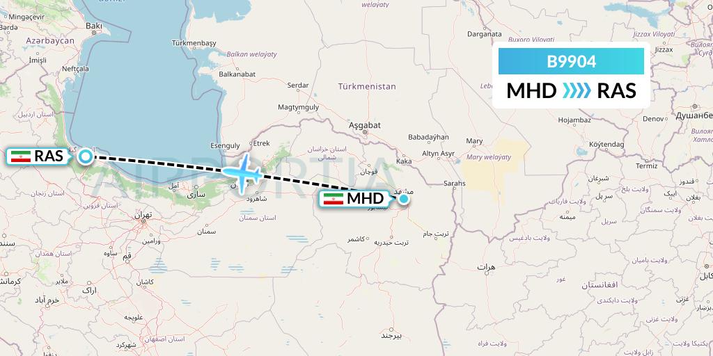B9904 Iran Air Tours Flight Map: Mashhad to Rasht
