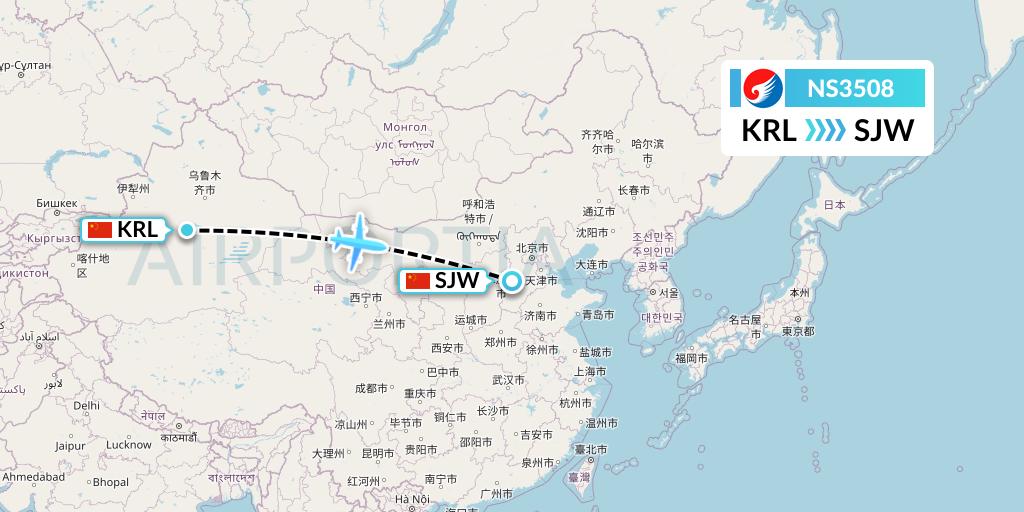 NS3508 Hebei Airlines Flight Map: Korla to Shijiazhuang