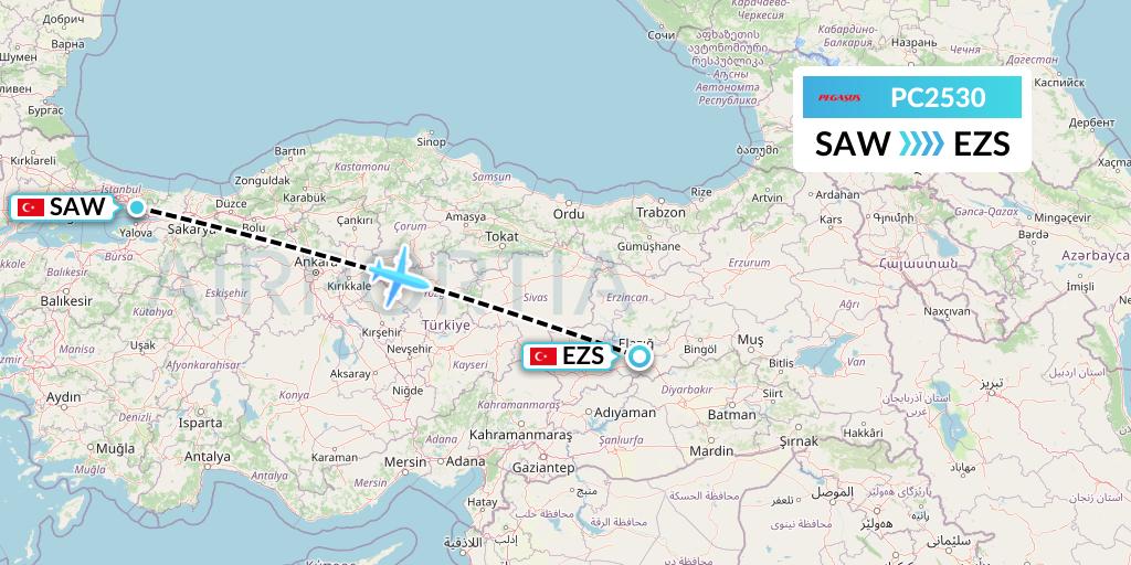 PC2530 Pegasus Airlines Flight Map: Istanbul to Elazig