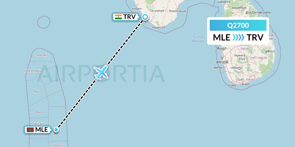 Q2700 Maldivian Flight Map: Male to Thiruvananthapuram