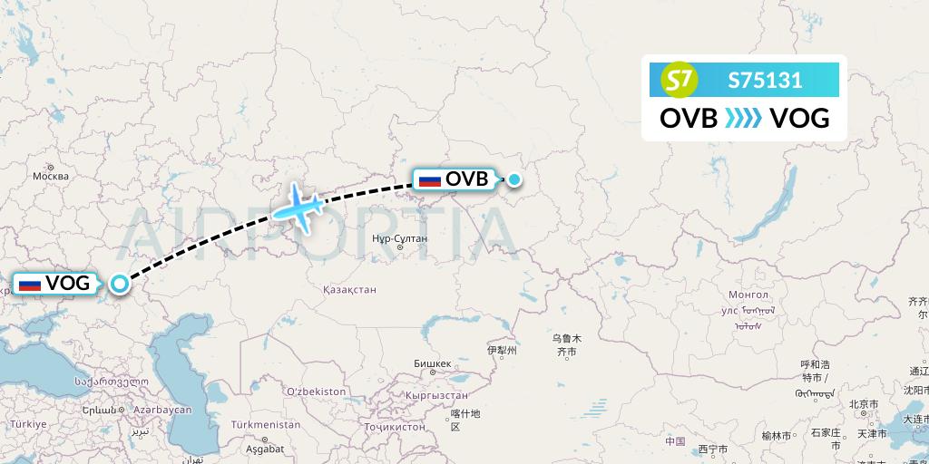 S75131 S7 Airlines Flight Map: Novosibirsk to Volgograd