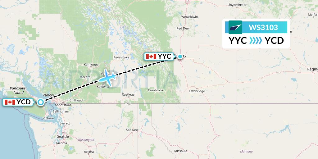 WS3103 WestJet Flight Map: Calgary to Nanaimo