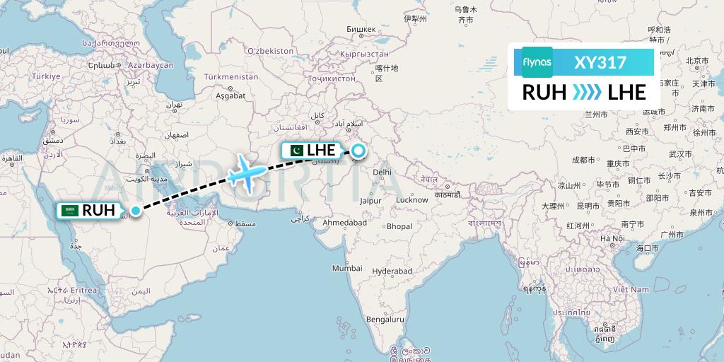XY317 Flynas Flight Map: Riyadh to Lahore