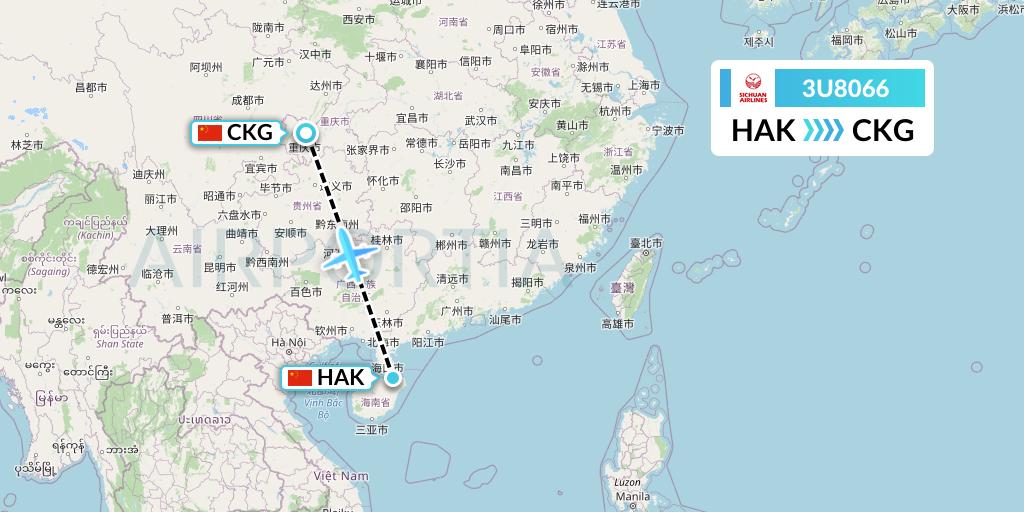 3U8066 Sichuan Airlines Flight Map: Haikou to Chongqing
