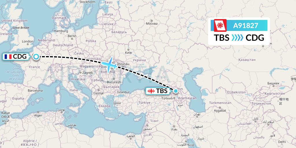 A91827 Georgian Airways Flight Map: Tbilisi to Paris