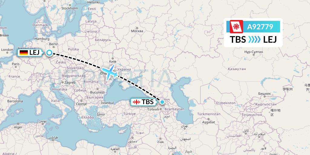 A92779 Georgian Airways Flight Map: Tbilisi to Leipzig