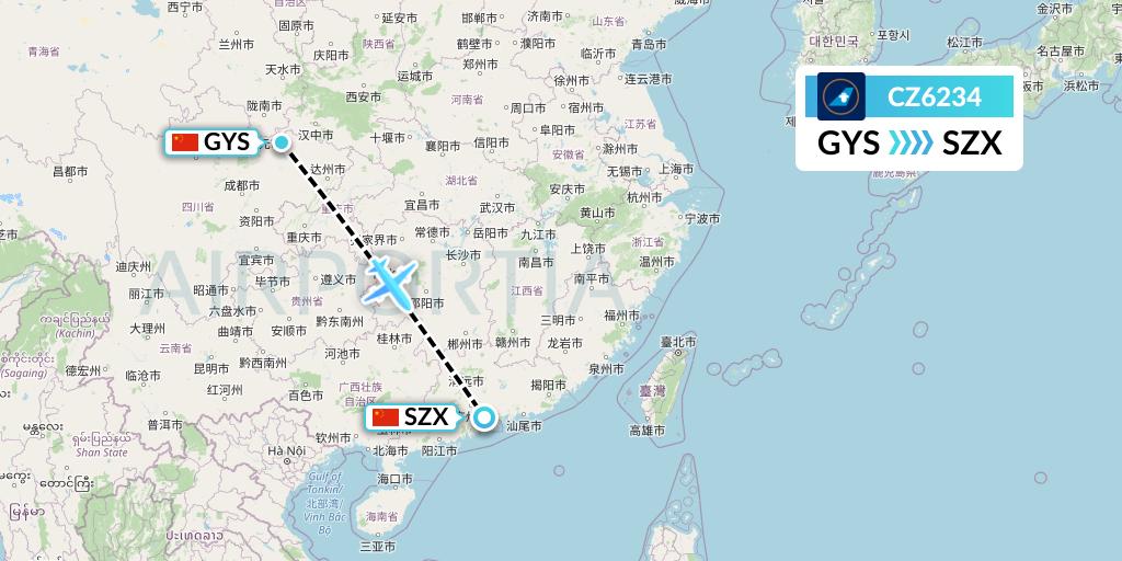 CZ6234 China Southern Airlines Flight Map: Guangyuan to Shenzhen