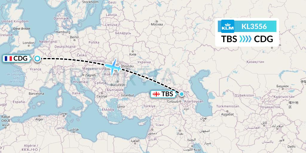 KL3556 KLM Flight Map: Tbilisi to Paris