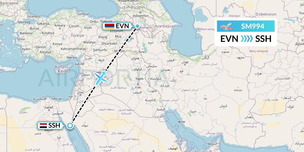 SM994 Air Cairo Flight Map: Yerevan to Sharm el-Sheikh