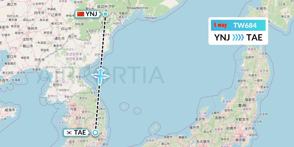 TW684 T'way Air Flight Map: Yanji to Daegu