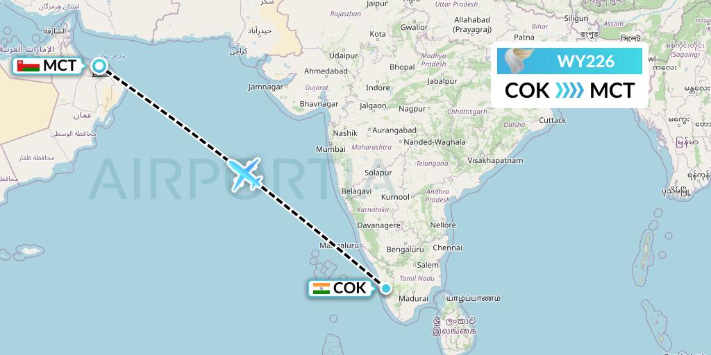 WY226 Oman Air Flight Map: Cochin to Muscat