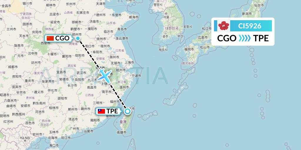CI5926 China Airlines Flight Map: Zhengzhou to Taipei
