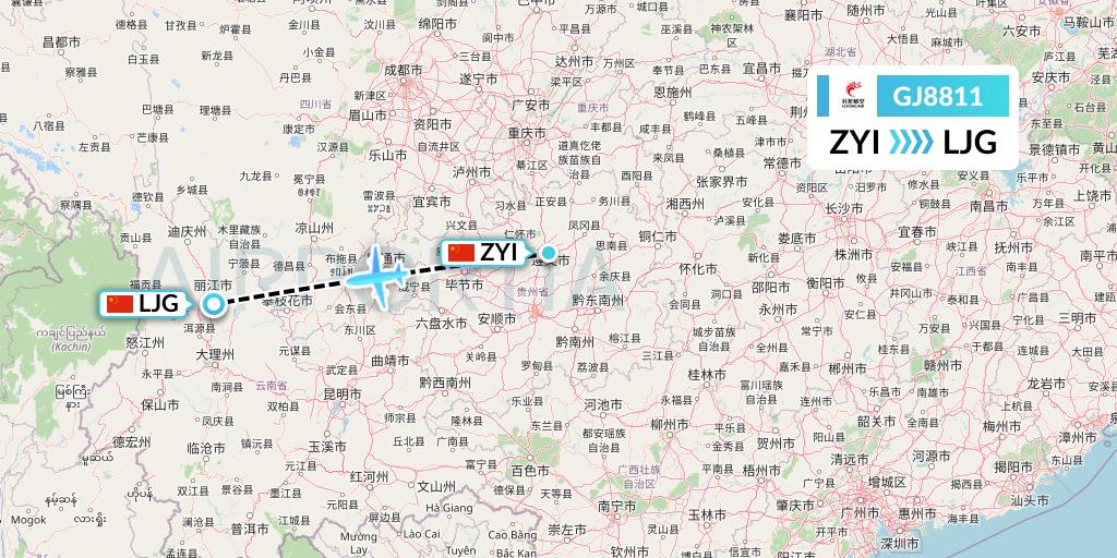 GJ8811 Loong Airlines Flight Map: Zunyi to Lijiang