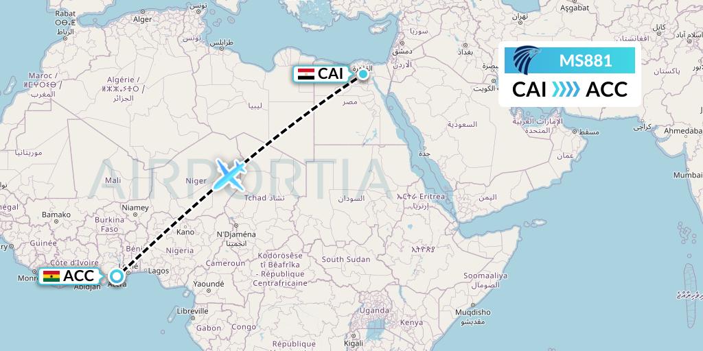 MS881 EgyptAir Flight Map: Cairo to Accra