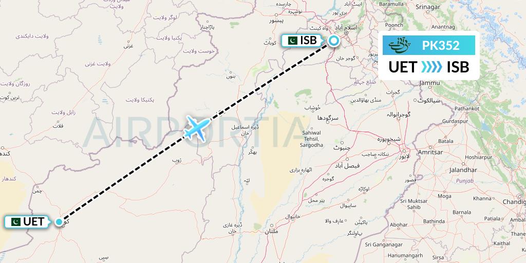 PK352 Pakistan International Airlines Flight Map: Quetta to Islamabad