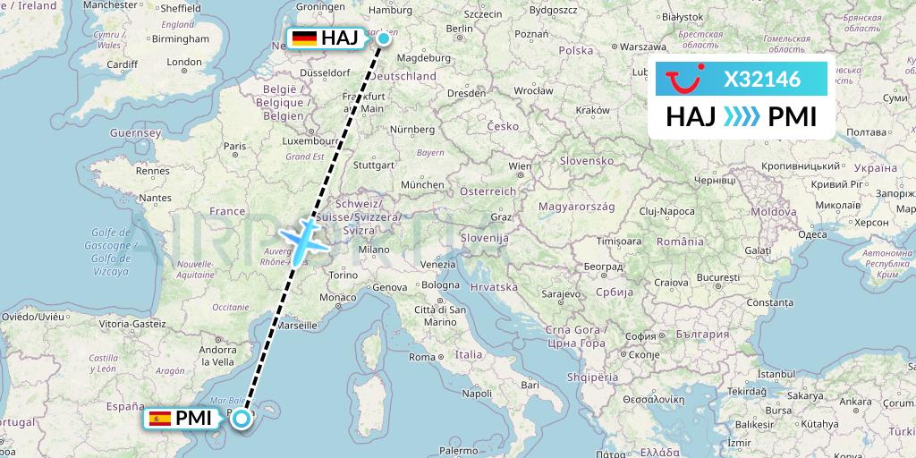X32146 TUI fly Germany Flight Map: Hannover to Palma de Mallorca