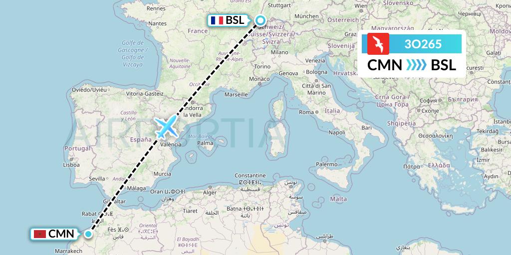 3O265 Air Arabia Maroc Flight Map: Casablanca to Basel