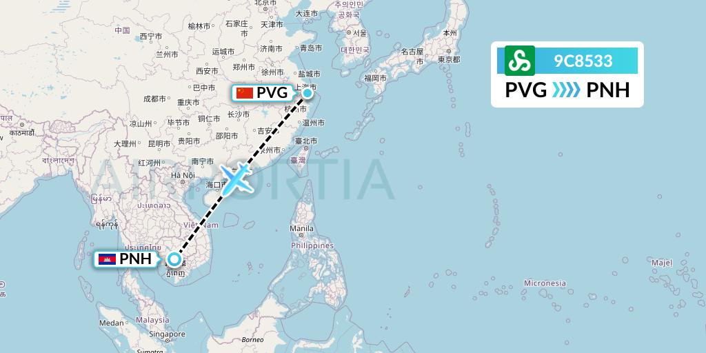 9C8533 Spring Airlines Flight Map: Shanghai to Phnom Penh