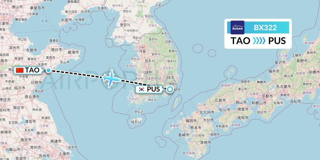 BX322 Air Busan Flight Map: Qingdao to Busan