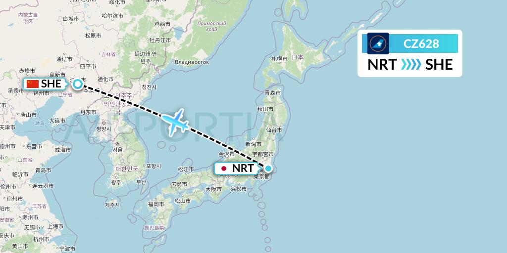 CZ628 China Southern Airlines Flight Map: Tokyo to Shenyang