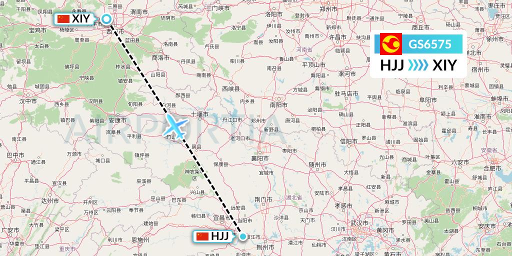 GS6575 Tianjin Airlines Flight Map: Huaihua to Xi'an