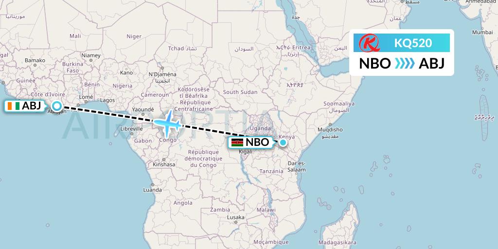 KQ520 Kenya Airways Flight Map: Nairobi to Abidjan
