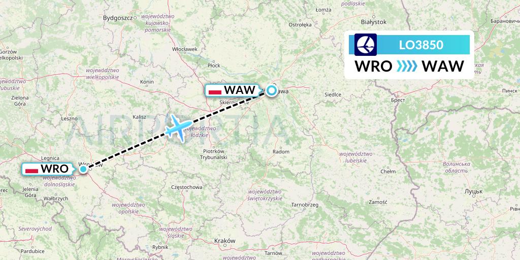 LO3850 LOT Flight Map: Wroclaw to Warsaw