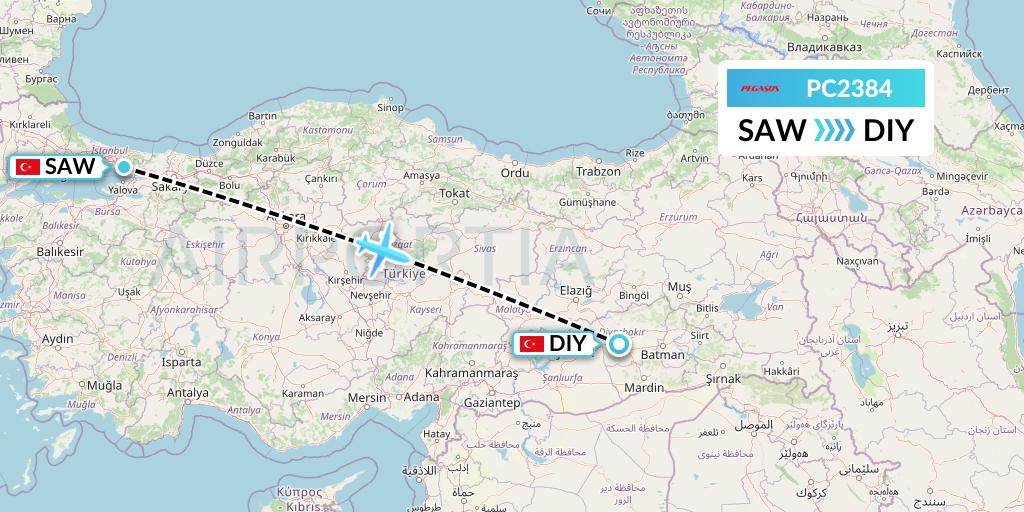 PC2384 Pegasus Airlines Flight Map: Istanbul to Diyarbakir