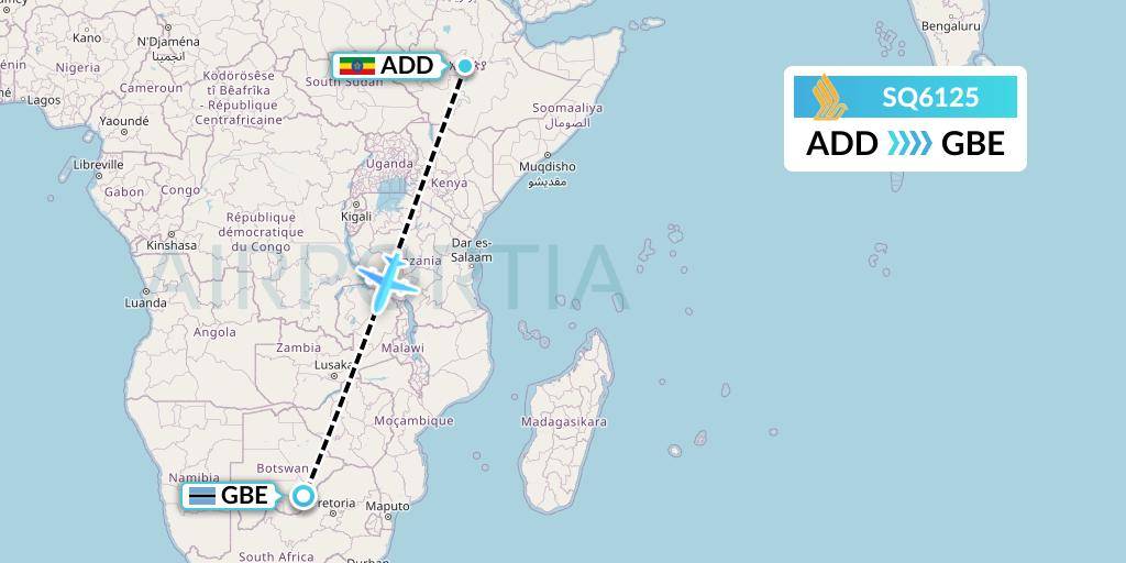 SQ6125 Singapore Airlines Flight Map: Addis Ababa to Gaborone
