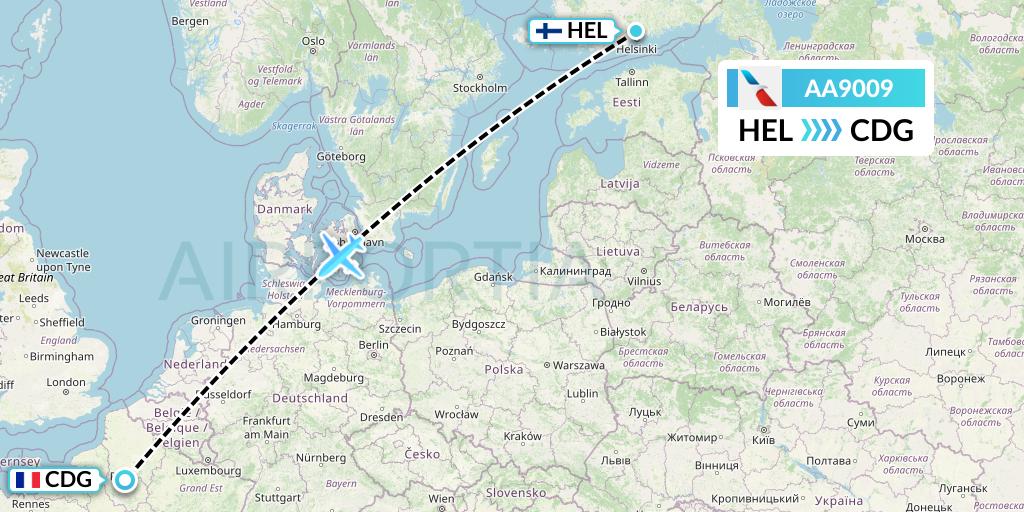 AA9009 American Airlines Flight Map: Helsinki to Paris