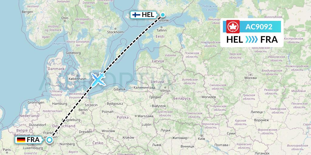 AC9092 Air Canada Flight Map: Helsinki to Frankfurt
