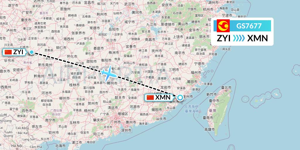 GS7677 Tianjin Airlines Flight Map: Zunyi to Xiamen
