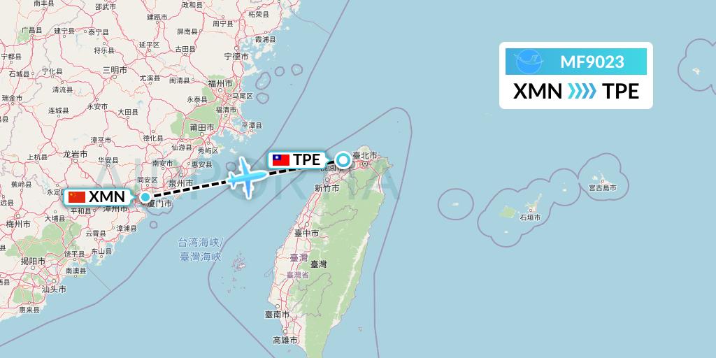 MF9023 Xiamen Airlines Flight Map: Xiamen to Taipei