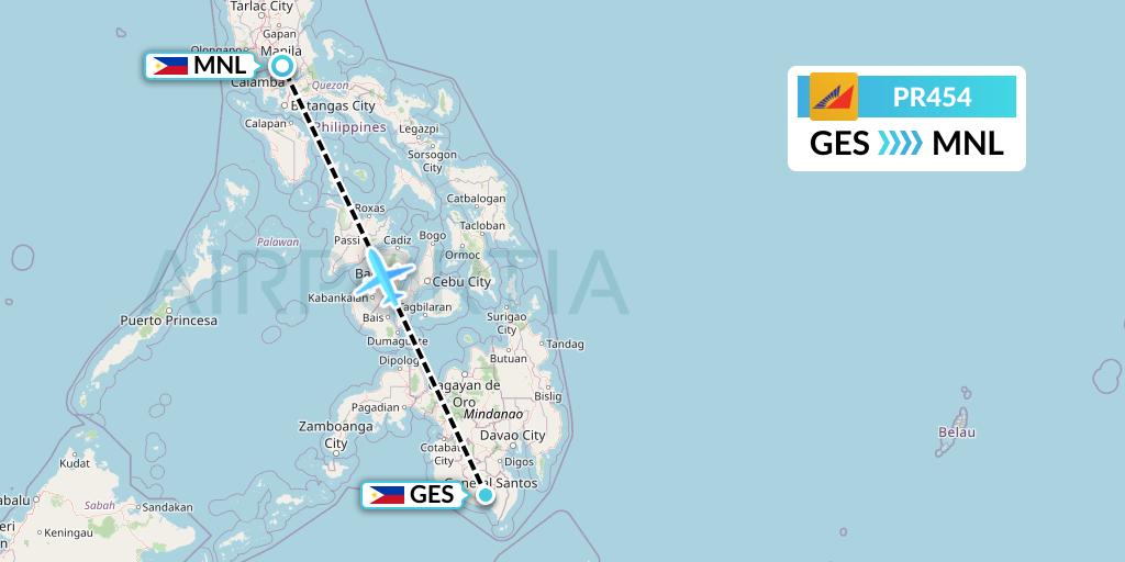 PR454 Philippine Airlines Flight Map: General Santos to Manila
