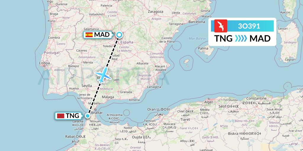 3O391 Air Arabia Maroc Flight Map: Tangier to Madrid