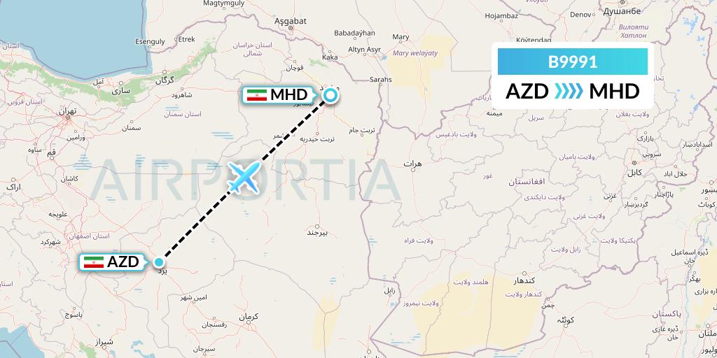B9991 Iran Air Tours Flight Map: Yazd to Mashhad
