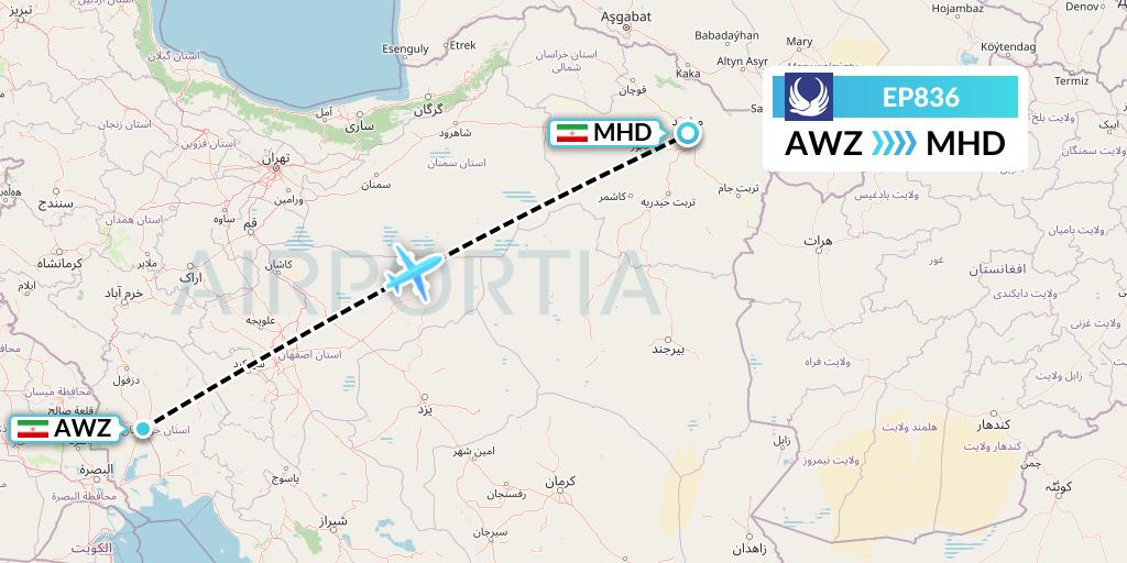 EP836 Iran Aseman Airlines Flight Map: Ahvaz to Mashhad