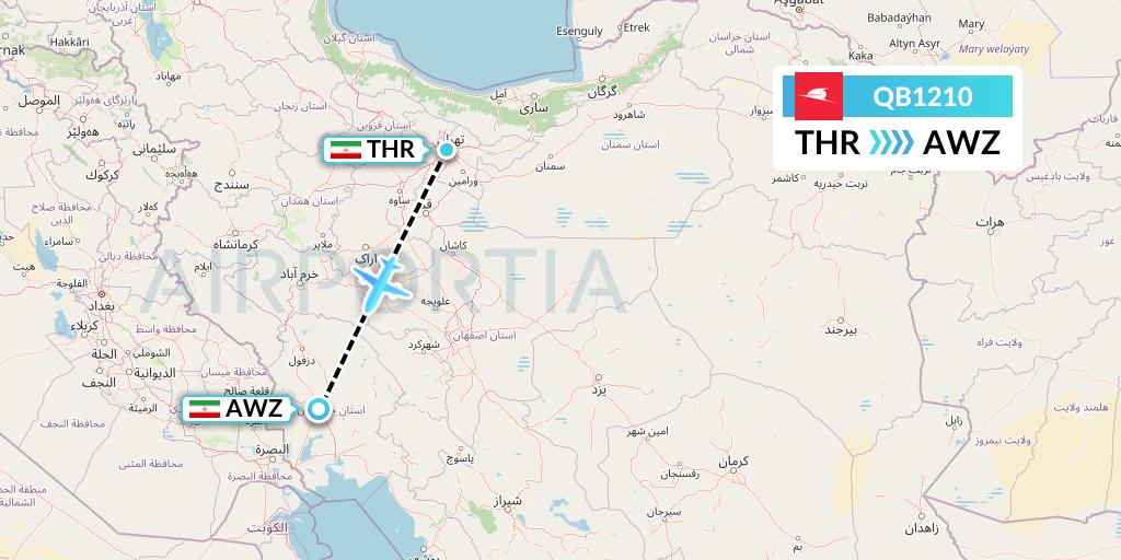 QB1210 Qeshm Airlines Flight Map: Tehran to Ahvaz