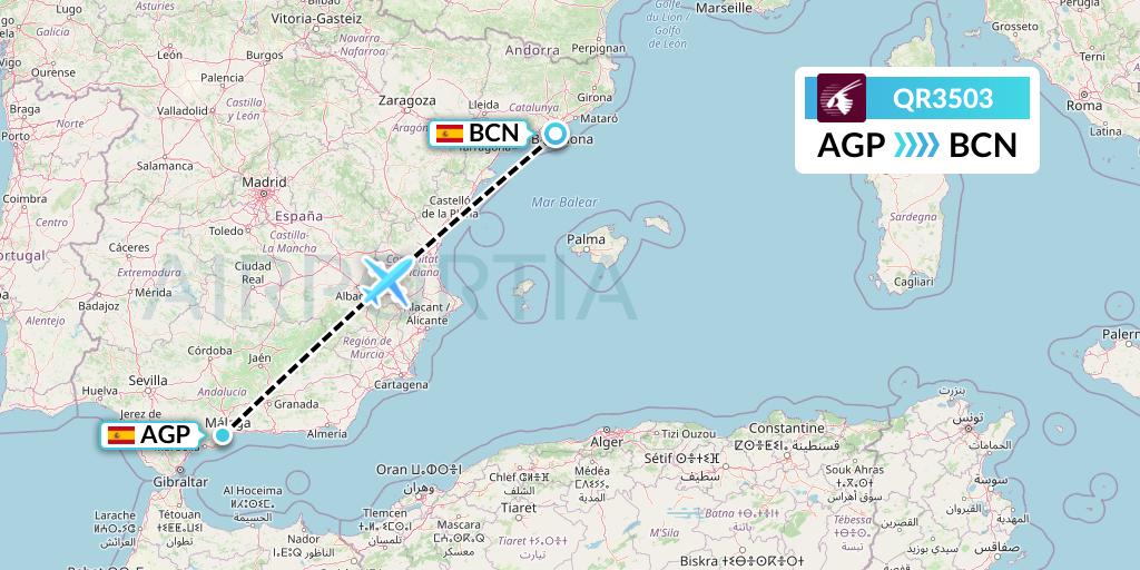 QR3503 Qatar Airways Flight Map: Malaga to Barcelona