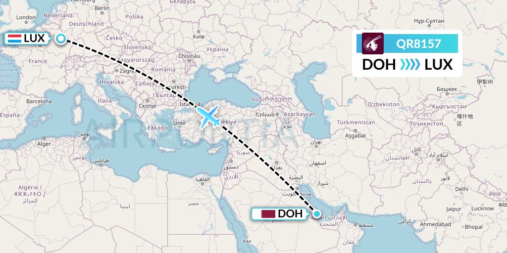 QR8157 Qatar Airways Flight Map: Doha to Luxembourg