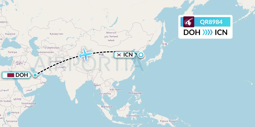 QR8984 Qatar Airways Flight Map: Doha to Seoul