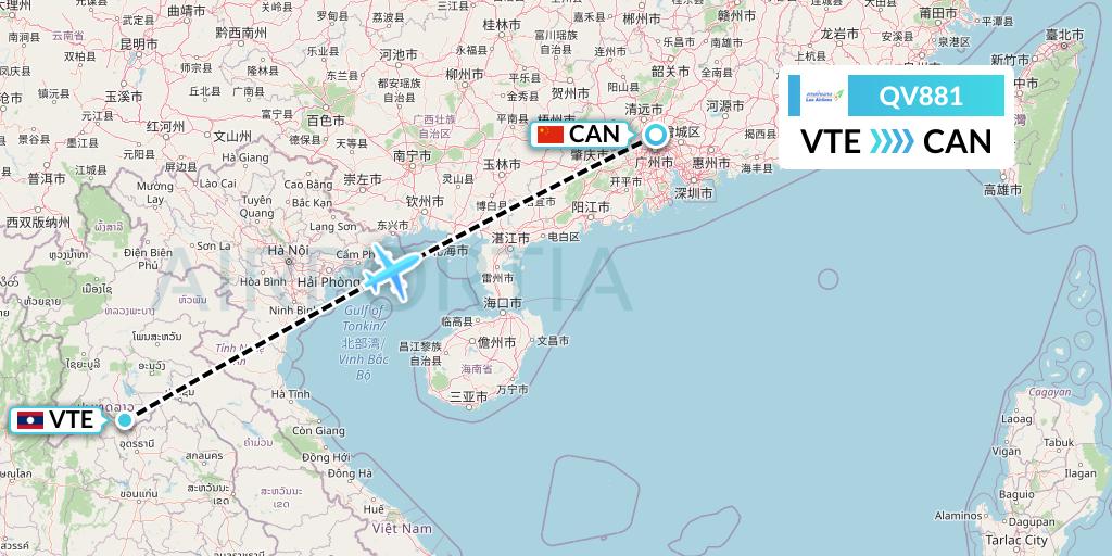 QV881 Lao Airlines Flight Map: Vientiane to Guangzhou