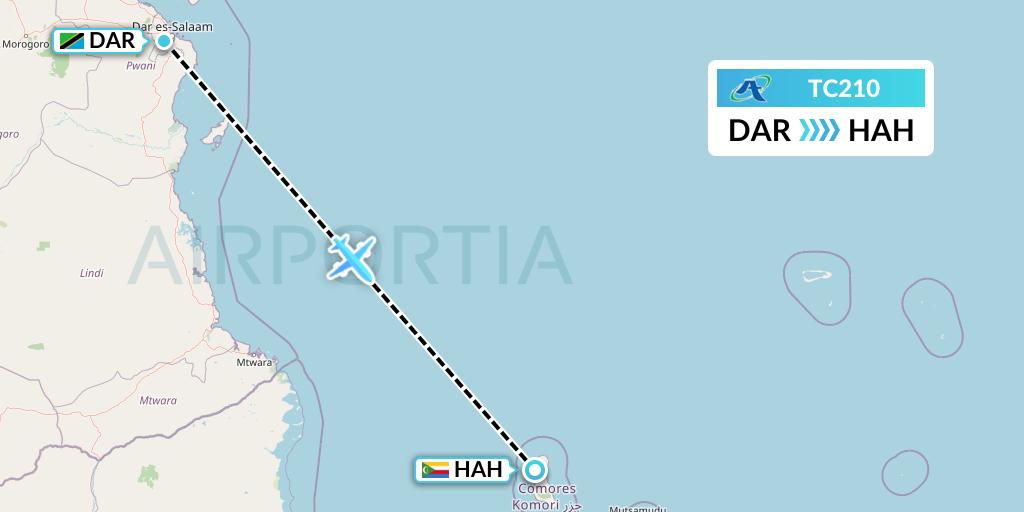 TC210 Air Tanzania Flight Map: Dar-es-Salaam to Moroni