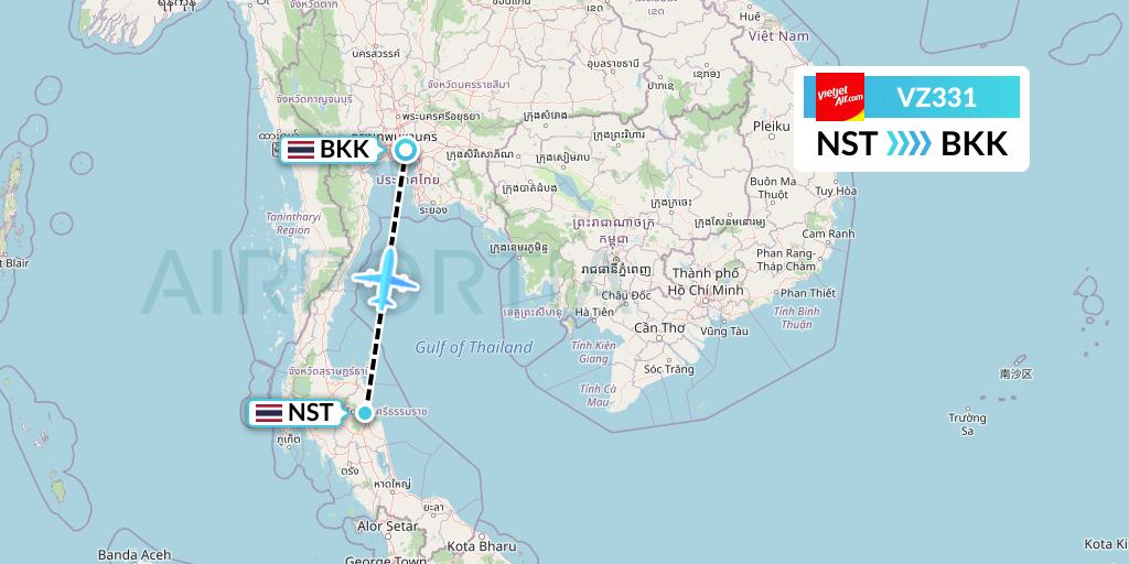 VZ331 Thai Vietjet Air Flight Map: Nakhon Si Thammarat to Bangkok